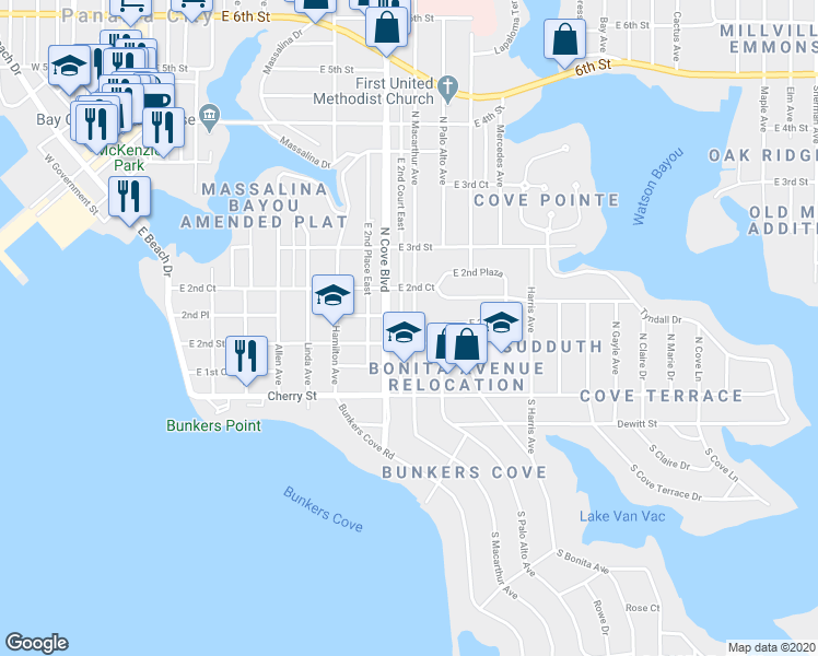 map of restaurants, bars, coffee shops, grocery stores, and more near 206 North Cove Boulevard in Panama City