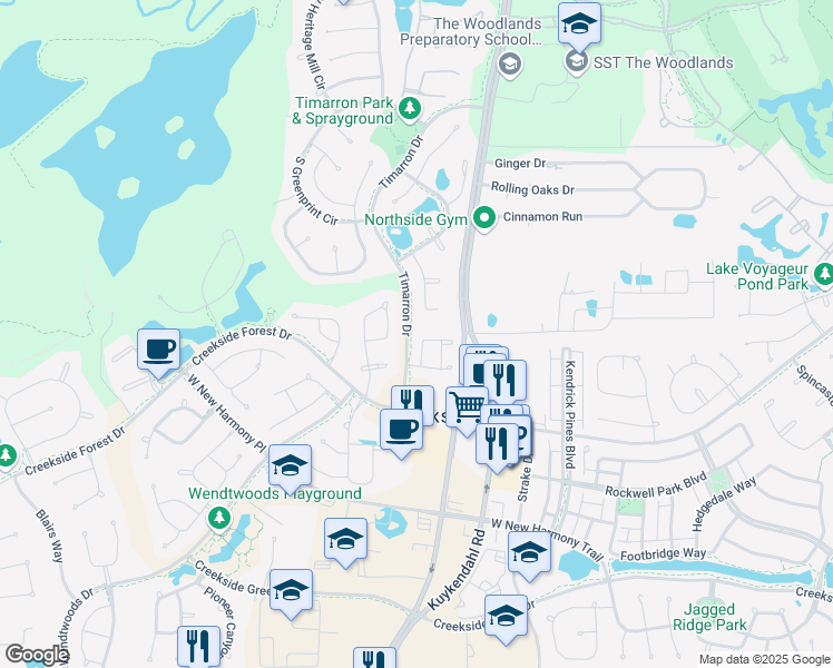map of restaurants, bars, coffee shops, grocery stores, and more near 19 Handbridge Place in Tomball