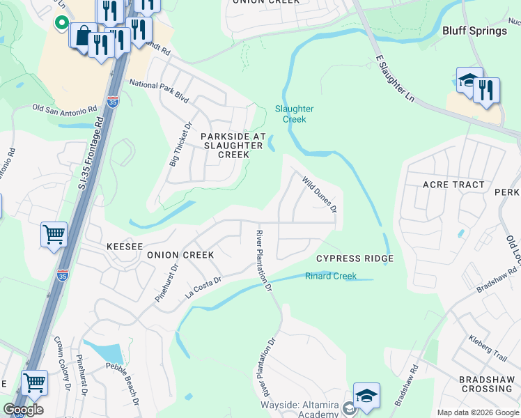 map of restaurants, bars, coffee shops, grocery stores, and more near 10210 Pinehurst Drive in Austin
