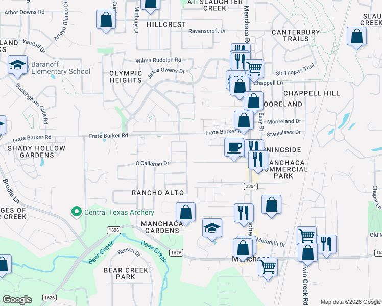 map of restaurants, bars, coffee shops, grocery stores, and more near 11744 Menchaca Road in Austin