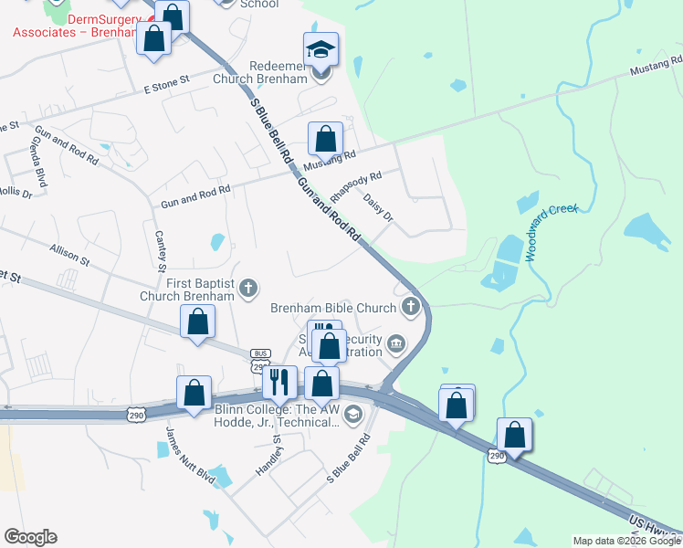 map of restaurants, bars, coffee shops, grocery stores, and more near 2414 East Rosedale Drive in Brenham