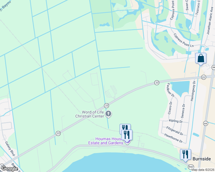 map of restaurants, bars, coffee shops, grocery stores, and more near 4066 Louisiana 22 in Gonzales