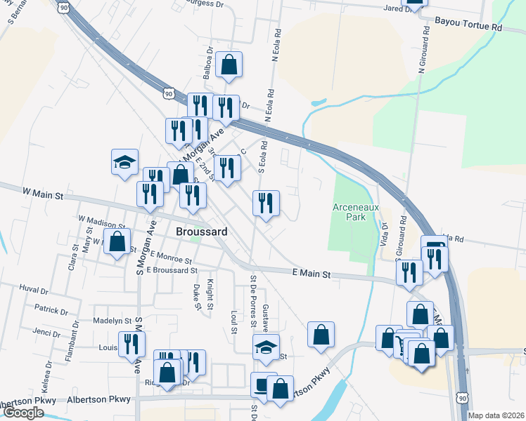 map of restaurants, bars, coffee shops, grocery stores, and more near 404 South Eola Road in Broussard