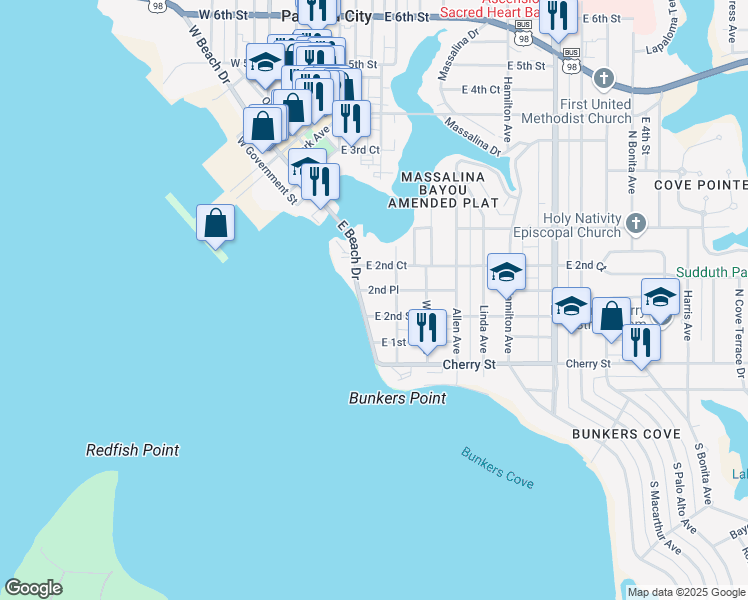 map of restaurants, bars, coffee shops, grocery stores, and more near 501 East Beach Drive in Panama City