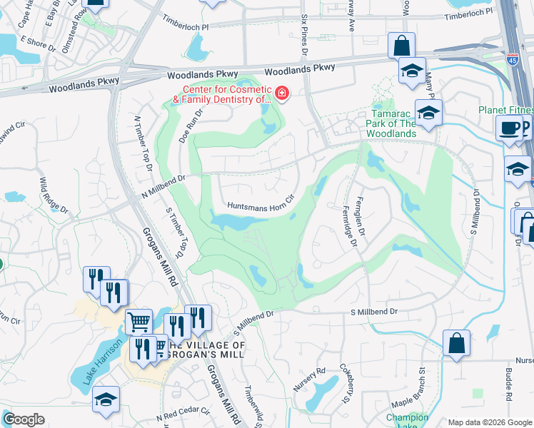 map of restaurants, bars, coffee shops, grocery stores, and more near 49 Huntsmans Horn Circle in Spring