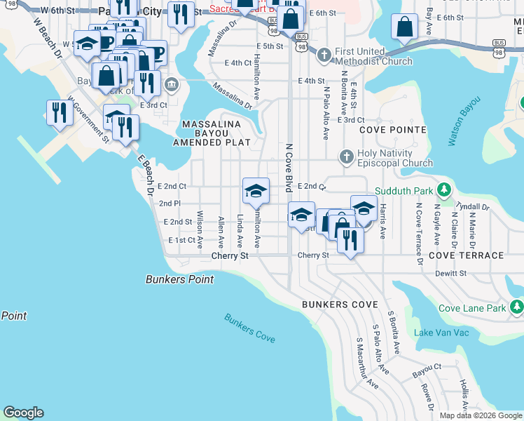 map of restaurants, bars, coffee shops, grocery stores, and more near 610 East 2nd Place in Panama City