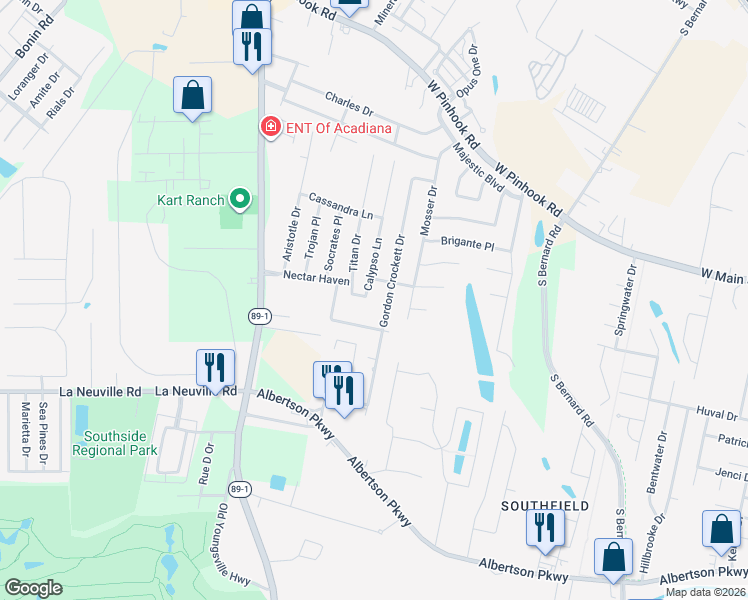 map of restaurants, bars, coffee shops, grocery stores, and more near 114 Calypso Lane in Lafayette