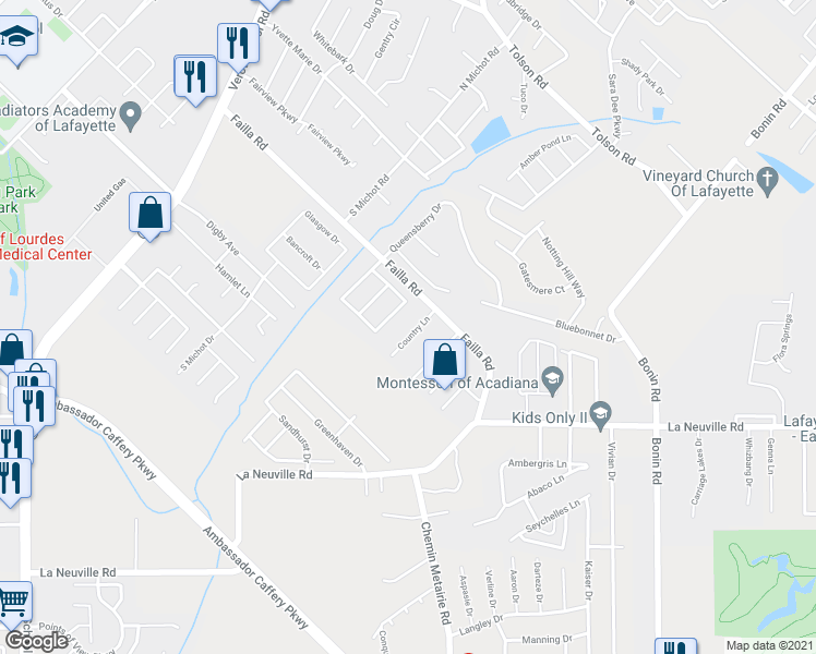 map of restaurants, bars, coffee shops, grocery stores, and more near 108 Country Lane in Lafayette