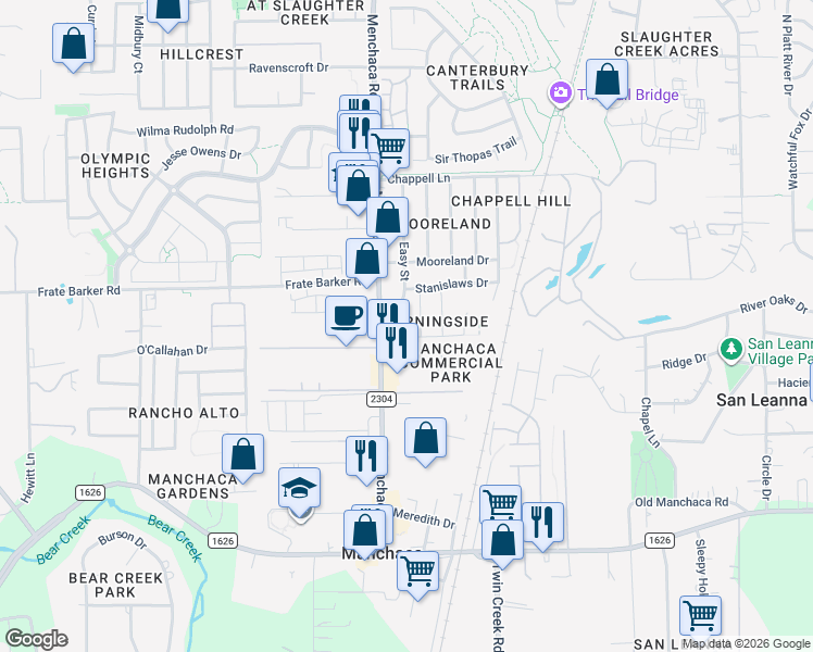 map of restaurants, bars, coffee shops, grocery stores, and more near 11729 Channing Drive in Austin