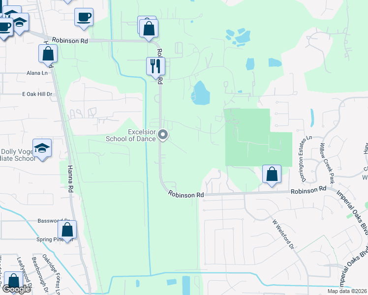 map of restaurants, bars, coffee shops, grocery stores, and more near 28483 Robinson Road in Conroe