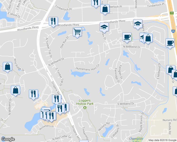 map of restaurants, bars, coffee shops, grocery stores, and more near 49 Huntsmans Horn Circle in Spring