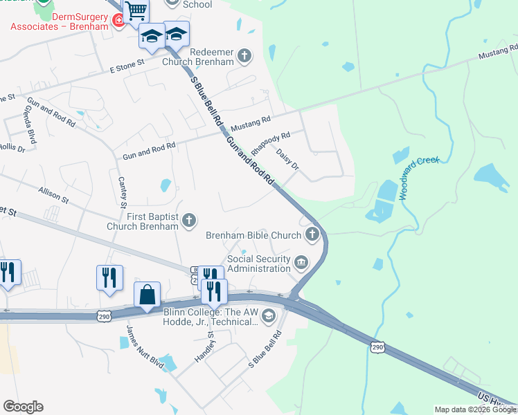 map of restaurants, bars, coffee shops, grocery stores, and more near 2414 East Rosedale Drive in Brenham