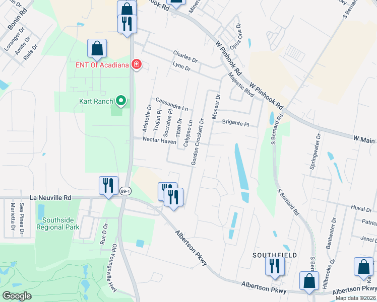 map of restaurants, bars, coffee shops, grocery stores, and more near 114 Calypso Lane in Lafayette