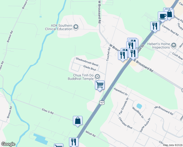 map of restaurants, bars, coffee shops, grocery stores, and more near 106 Pathway Lane in Lafayette