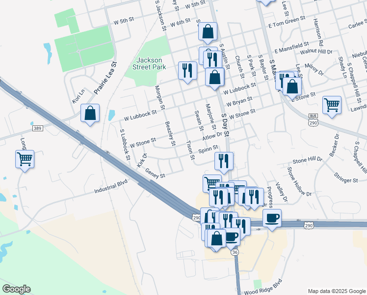 map of restaurants, bars, coffee shops, grocery stores, and more near 703 Atlow Drive in Brenham