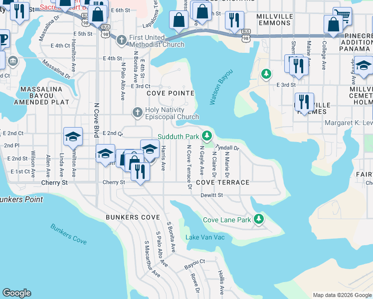 map of restaurants, bars, coffee shops, grocery stores, and more near 123 North Cove Terrace Drive in Panama City
