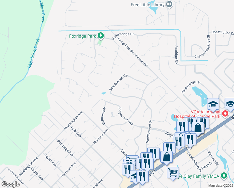 map of restaurants, bars, coffee shops, grocery stores, and more near 2562 Sandlewood Circle in Orange Park