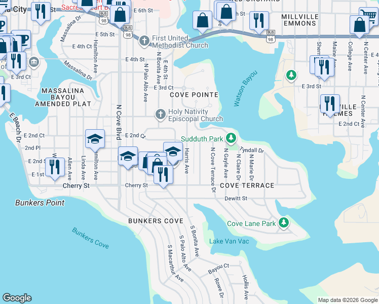 map of restaurants, bars, coffee shops, grocery stores, and more near 127 Rowe Avenue in Panama City