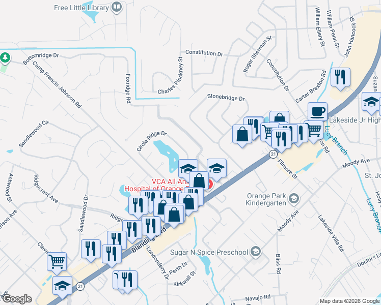 map of restaurants, bars, coffee shops, grocery stores, and more near 2832 Circle Ridge Drive in Orange Park