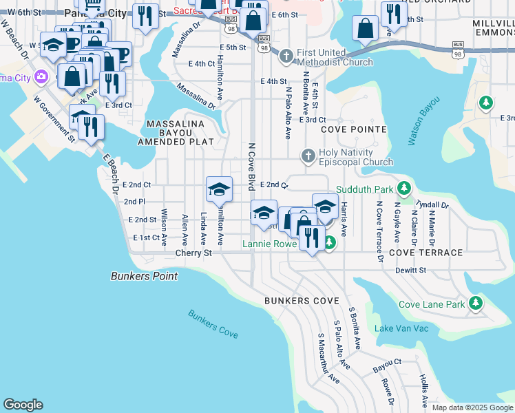 map of restaurants, bars, coffee shops, grocery stores, and more near 206 North Cove Boulevard in Panama City