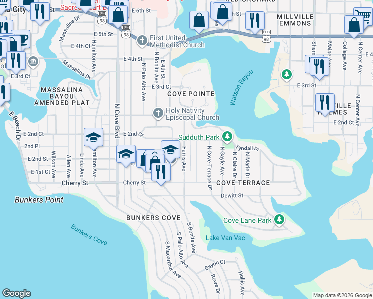 map of restaurants, bars, coffee shops, grocery stores, and more near 127 Rowe Avenue in Panama City