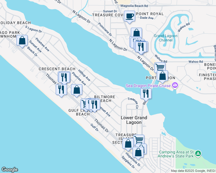 map of restaurants, bars, coffee shops, grocery stores, and more near 5619 South Lagoon Drive in Panama City