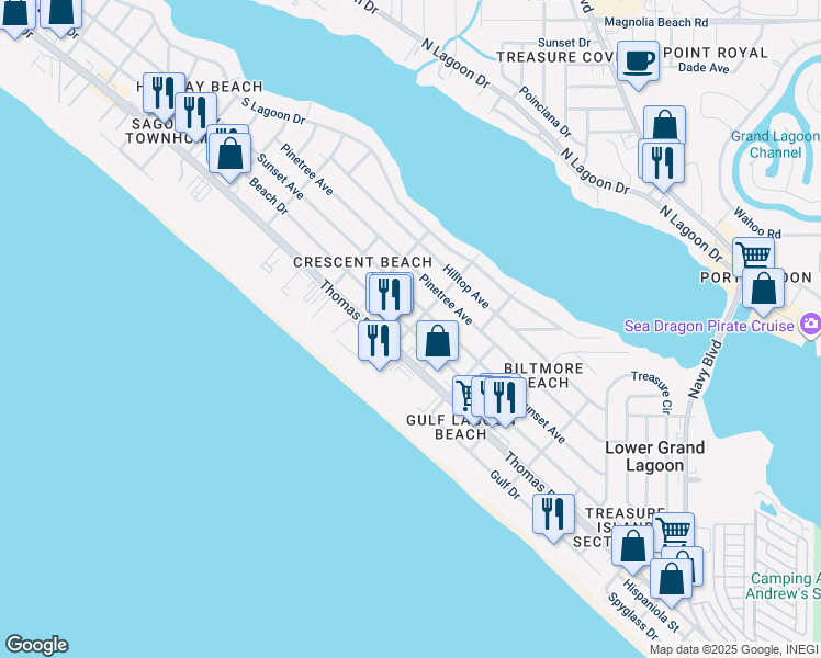 map of restaurants, bars, coffee shops, grocery stores, and more near 5905 Beach Drive in Panama City