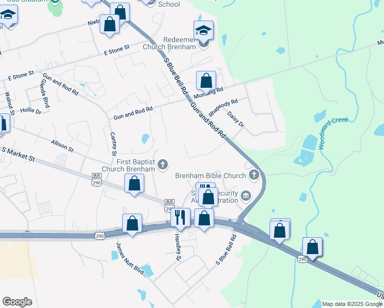 map of restaurants, bars, coffee shops, grocery stores, and more near 2401 East Rosedale Drive in Brenham