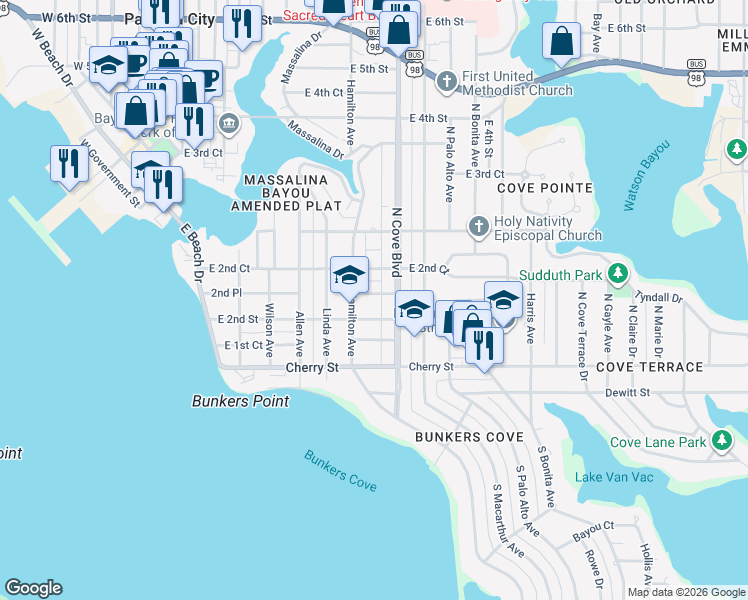 map of restaurants, bars, coffee shops, grocery stores, and more near 610 East 2nd Place in Panama City