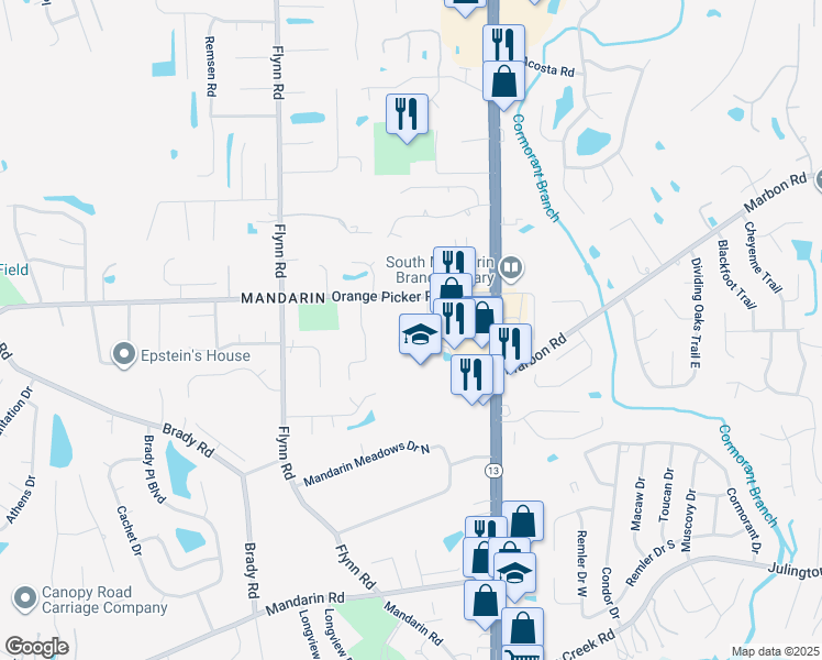 map of restaurants, bars, coffee shops, grocery stores, and more near 2860 Sutton Estates Circle South in Jacksonville