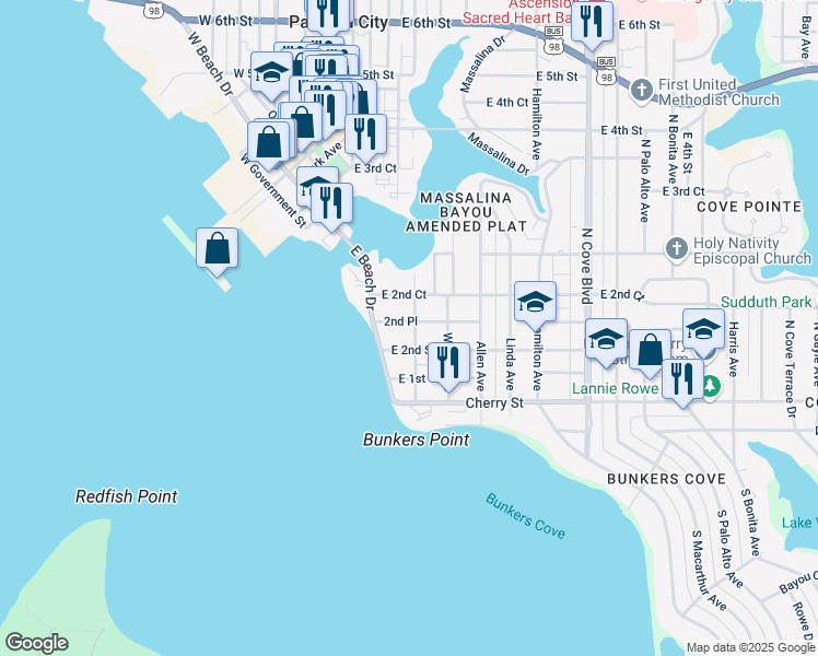 map of restaurants, bars, coffee shops, grocery stores, and more near 215 Harmon Avenue in Panama City