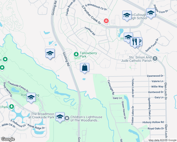 map of restaurants, bars, coffee shops, grocery stores, and more near 85 South Wavy Oak Circle in Spring