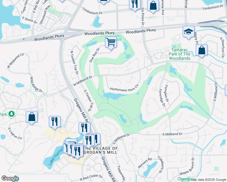 map of restaurants, bars, coffee shops, grocery stores, and more near 31 Huntsmans Horn Circle in Spring