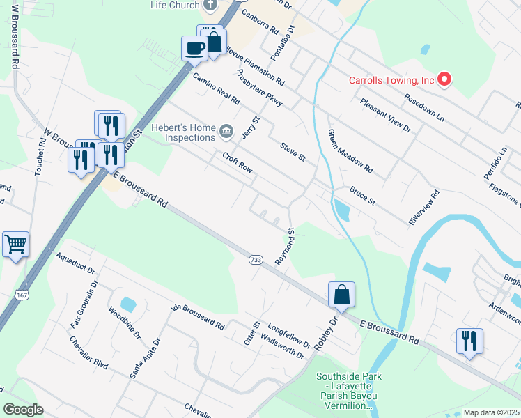 map of restaurants, bars, coffee shops, grocery stores, and more near 107 Fyvie Lane in Lafayette