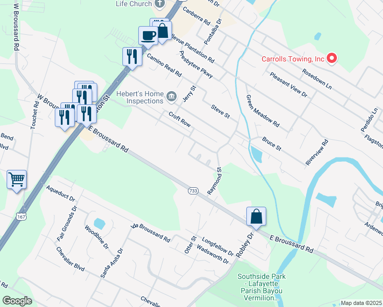 map of restaurants, bars, coffee shops, grocery stores, and more near 107 Fyvie Lane in Lafayette