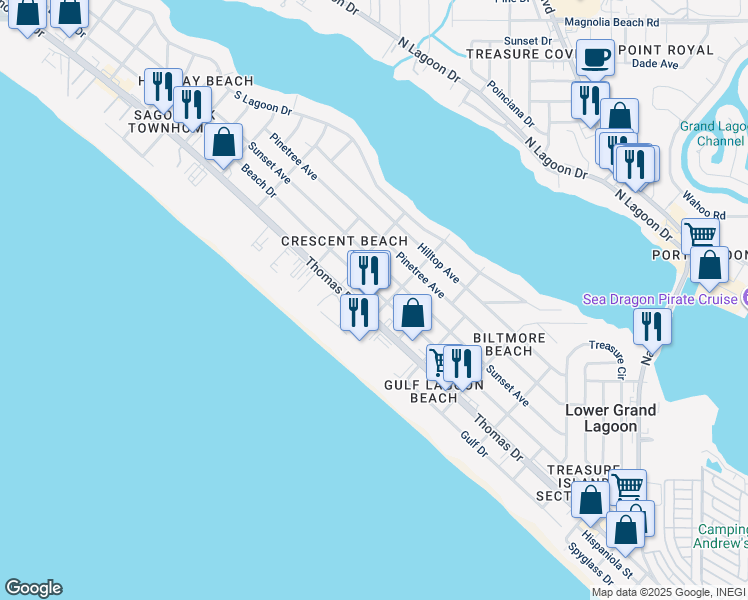 map of restaurants, bars, coffee shops, grocery stores, and more near 5905 Beach Drive in Panama City