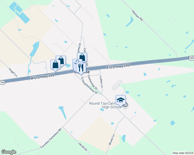 map of restaurants, bars, coffee shops, grocery stores, and more near 207 Augsburg Avenue in Carmine