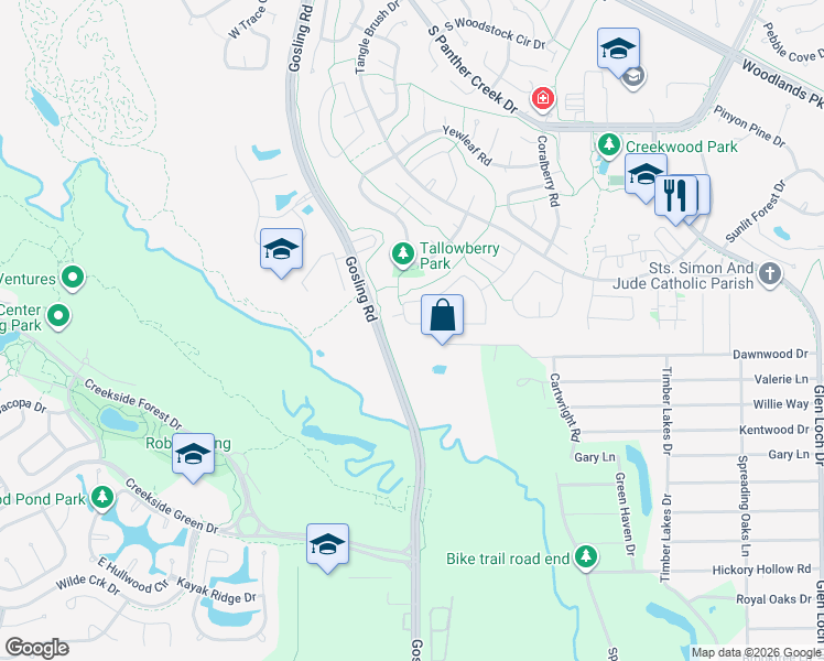 map of restaurants, bars, coffee shops, grocery stores, and more near 63 South Wavy Oak Circle in Spring