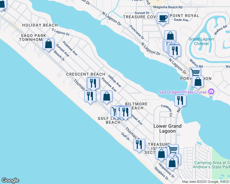 map of restaurants, bars, coffee shops, grocery stores, and more near 5725 Pinetree Avenue in Panama City Beach