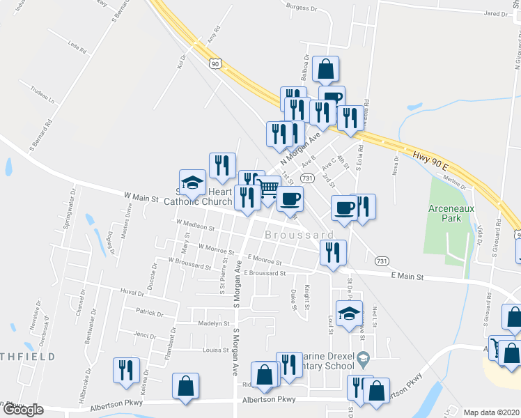 map of restaurants, bars, coffee shops, grocery stores, and more near 108 North Morgan Avenue in Broussard