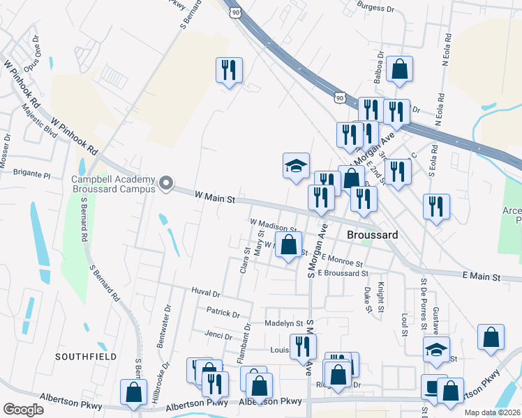 map of restaurants, bars, coffee shops, grocery stores, and more near 417 West Main Street in Broussard