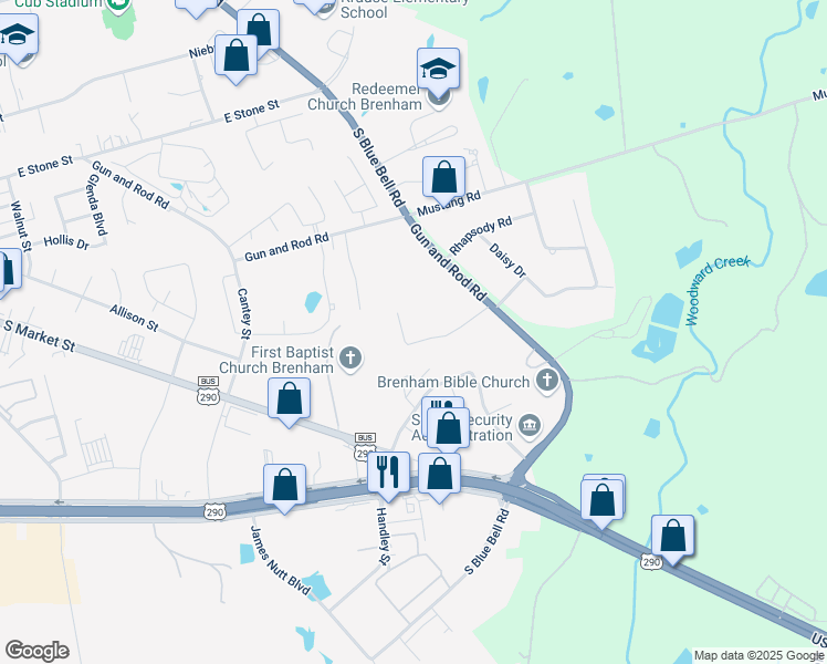 map of restaurants, bars, coffee shops, grocery stores, and more near 2401 East Rosedale Drive in Brenham
