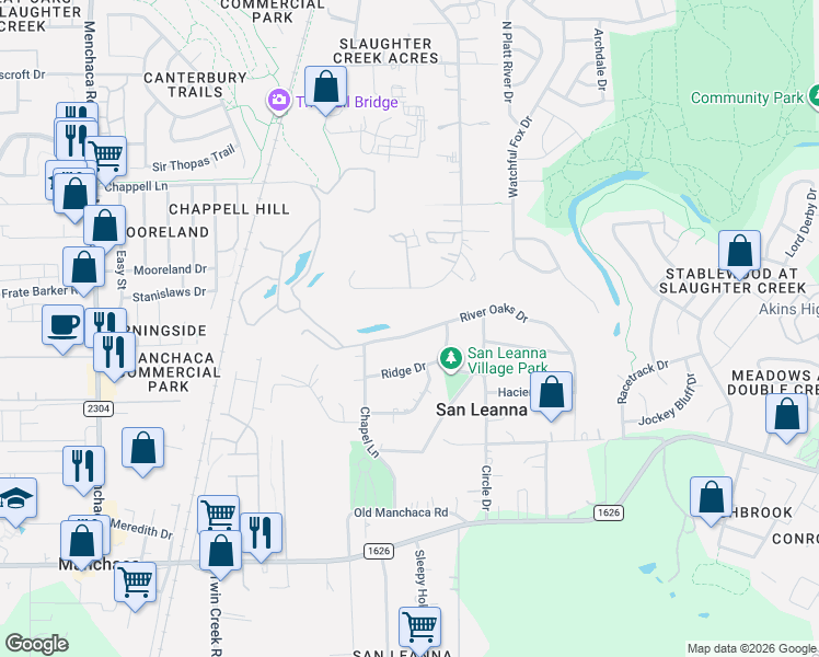 map of restaurants, bars, coffee shops, grocery stores, and more near 726 River Oaks Drive in Austin