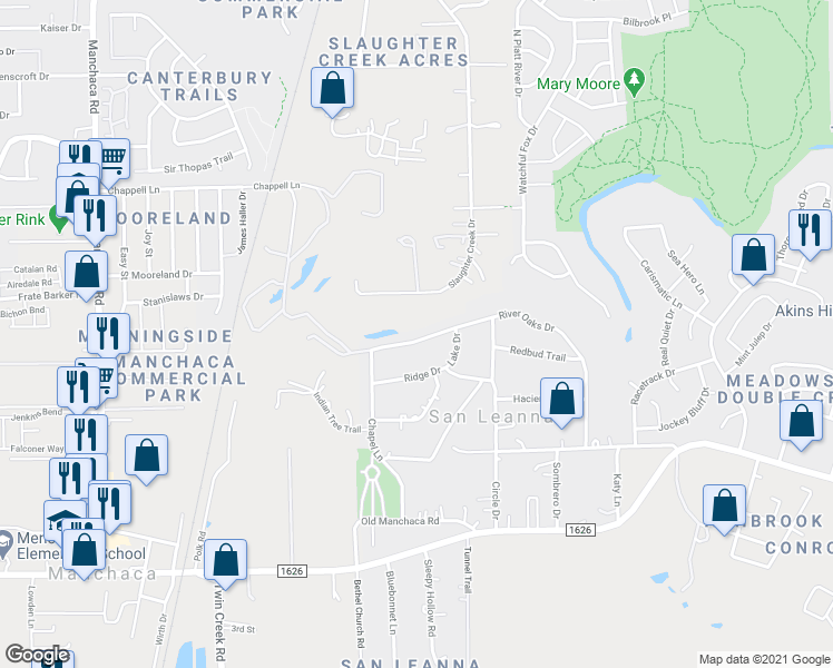 map of restaurants, bars, coffee shops, grocery stores, and more near 726 River Oaks Drive in Austin