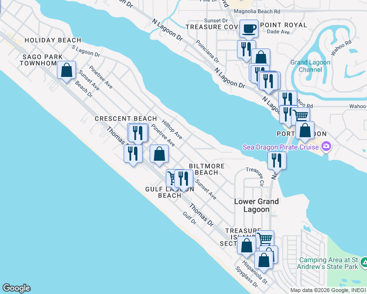 map of restaurants, bars, coffee shops, grocery stores, and more near 3809 Mystic Street in Panama City