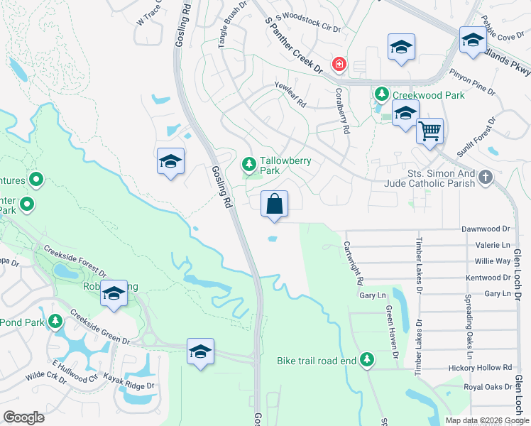 map of restaurants, bars, coffee shops, grocery stores, and more near 63 South Wavy Oak Circle in Spring