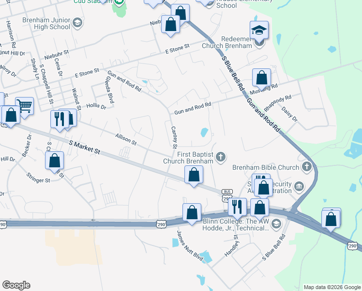map of restaurants, bars, coffee shops, grocery stores, and more near 2434 Oak Hollow Lane in Brenham
