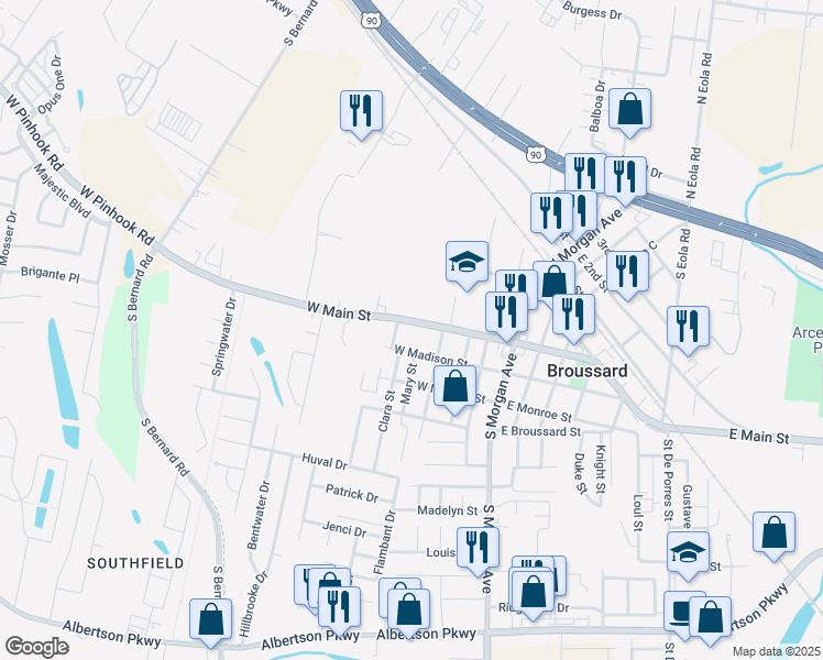 map of restaurants, bars, coffee shops, grocery stores, and more near 417 West Main Street in Broussard