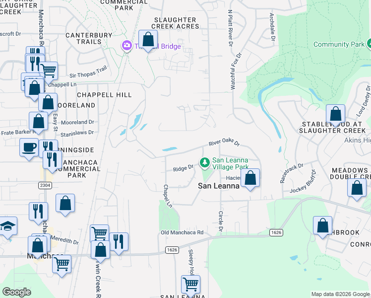 map of restaurants, bars, coffee shops, grocery stores, and more near 726 River Oaks Drive in Austin