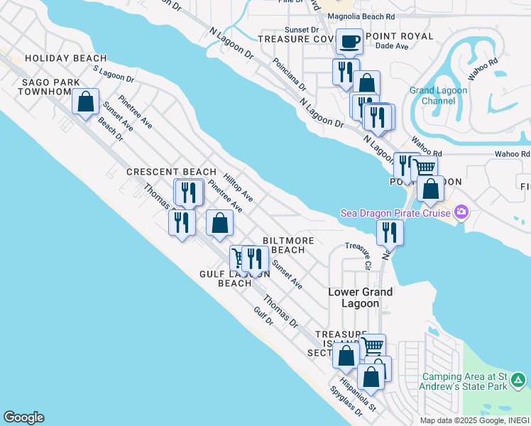map of restaurants, bars, coffee shops, grocery stores, and more near 5701 Hilltop Avenue in Panama City Beach